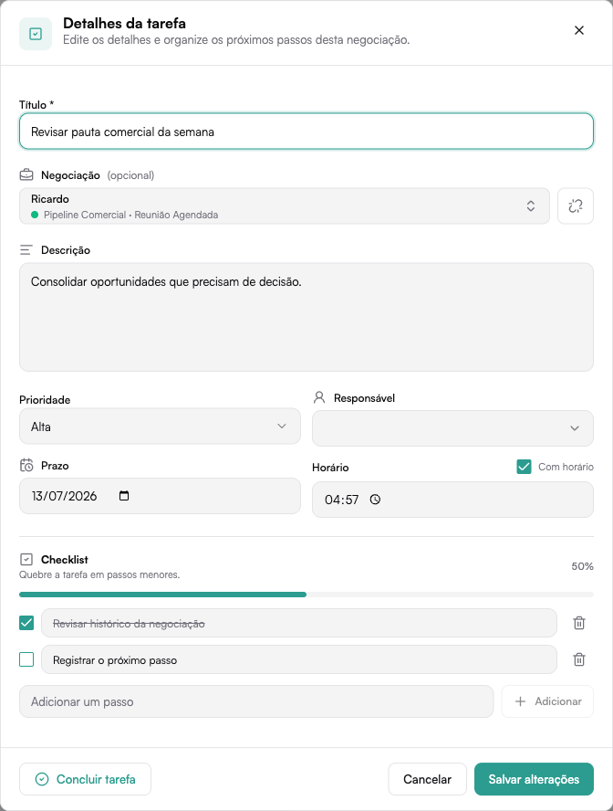Detalhes de uma tarefa vinculada à negociação