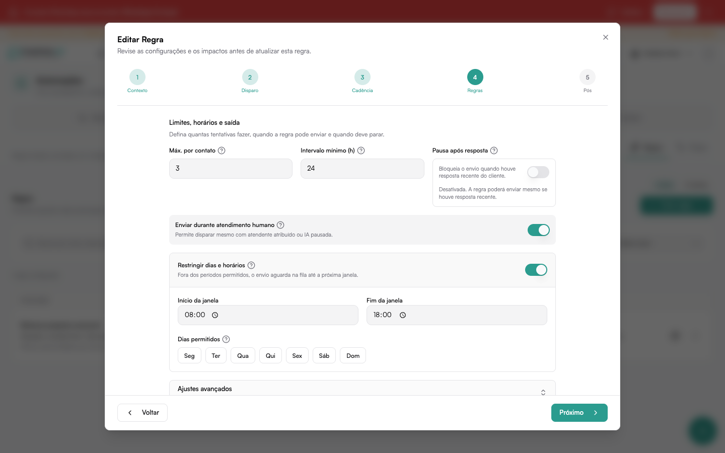 Regra com envio durante atendimento humano ativado