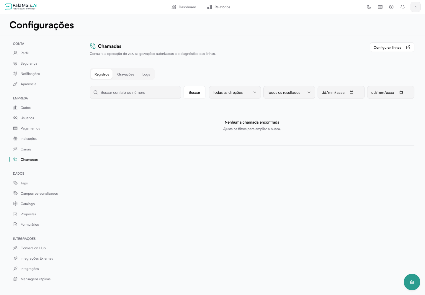 Configuração e histórico de chamadas no FalaMais.AI