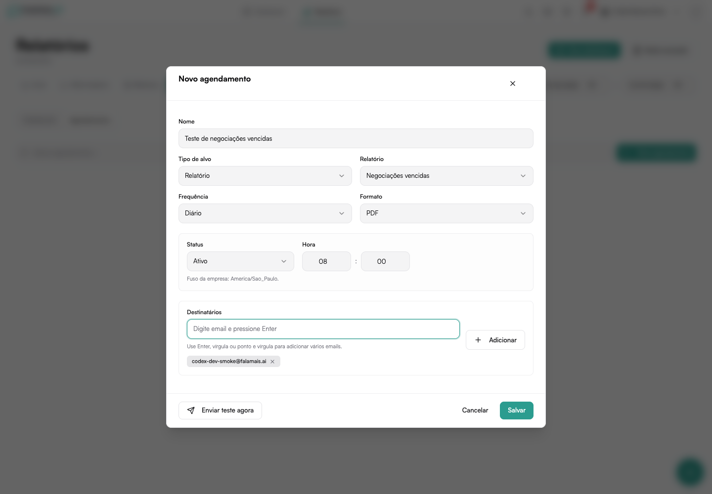 Configuração de uma entrega com fuso da empresa e envio de teste