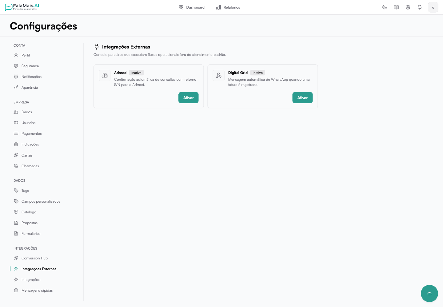 Integrações Externas com a Digital Grid no FalaMais.AI
