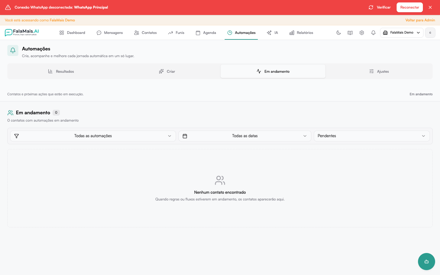 Tela de acompanhamento com filtros e estado vazio claros