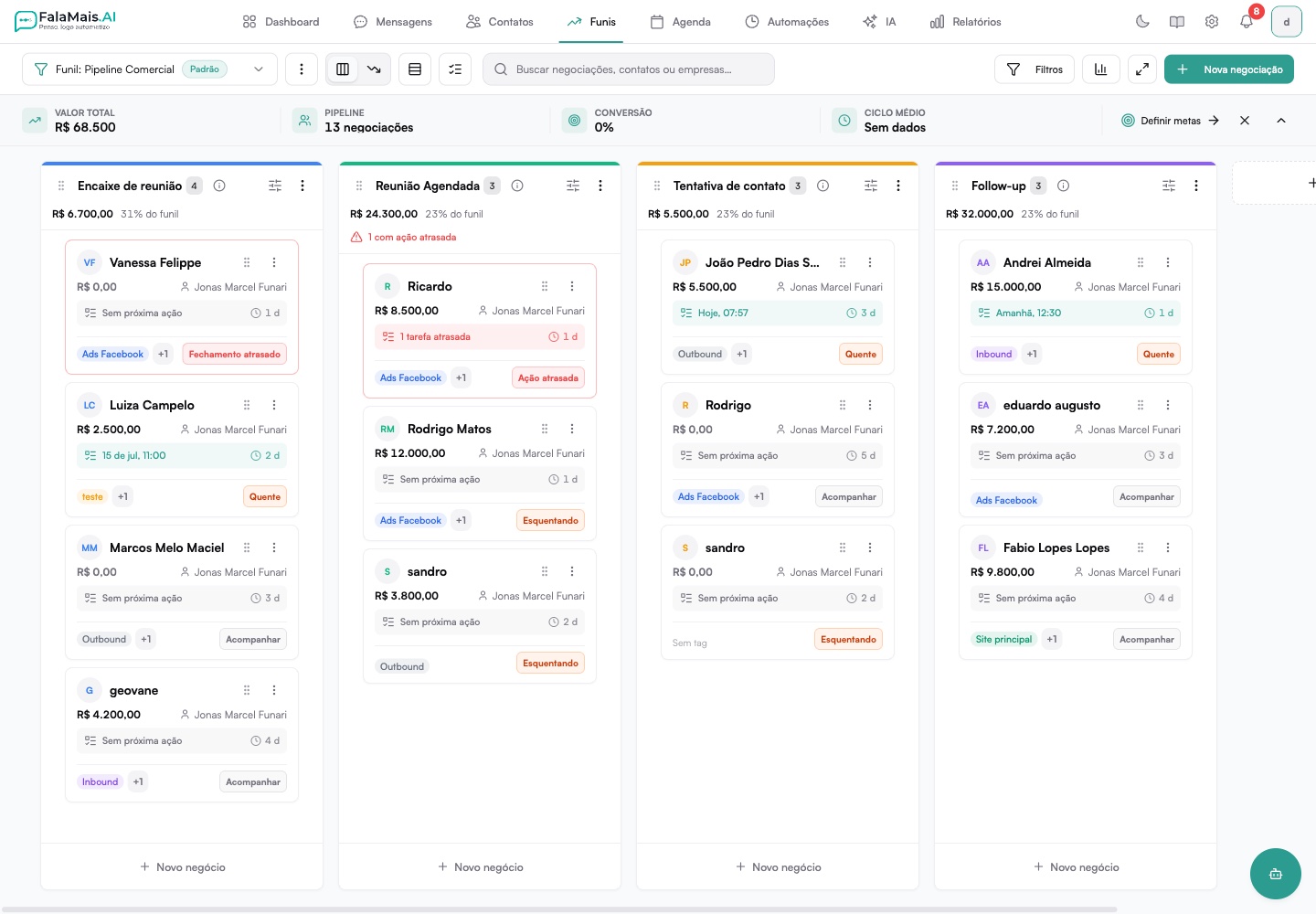 Tela do Funil de Oportunidades (Kanban)