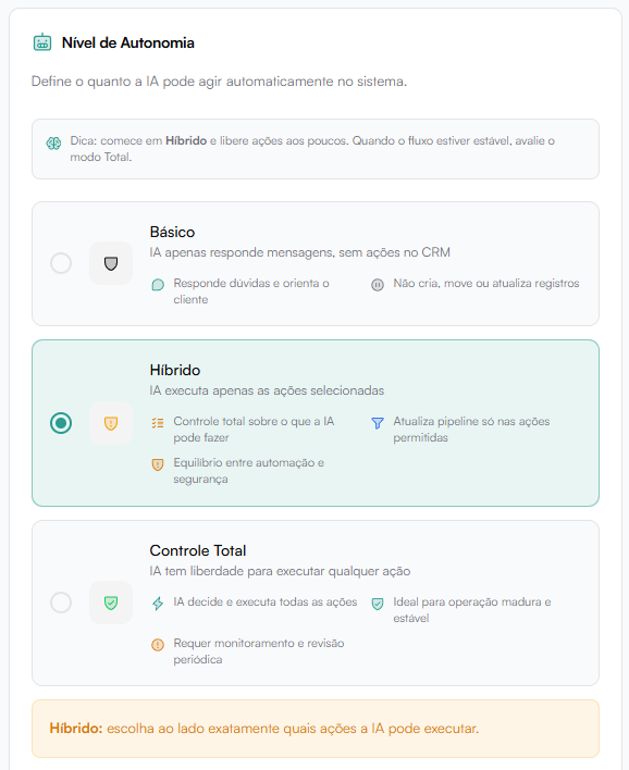Tela de configuração do nível de autonomia