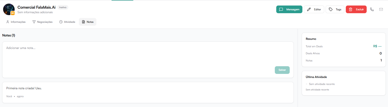 Aba Notas do contato