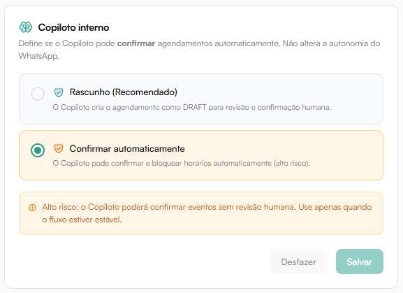 Configurações do Copiloto Interno