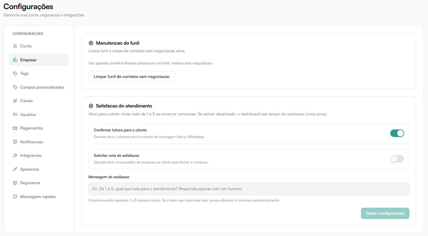 Tela de configurações da empresa