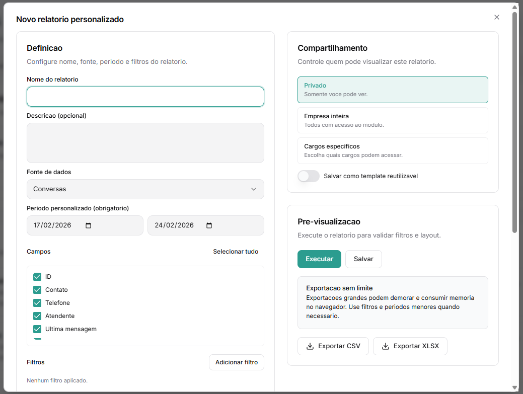 Configuração de novo relatório