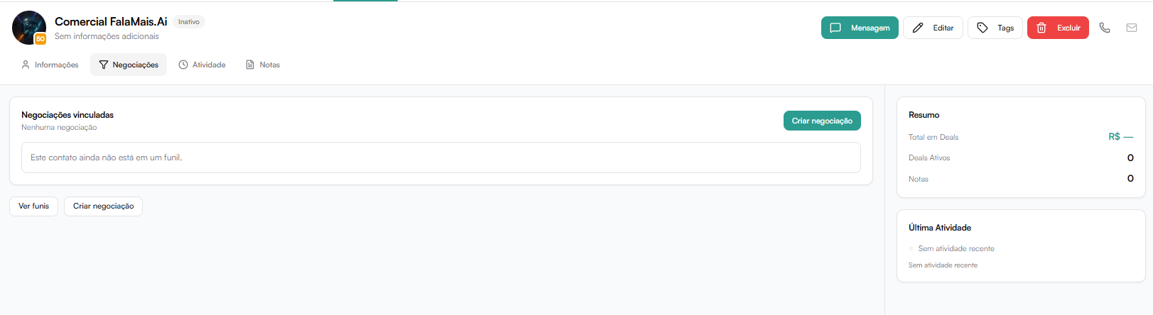 Aba Negociações do contato