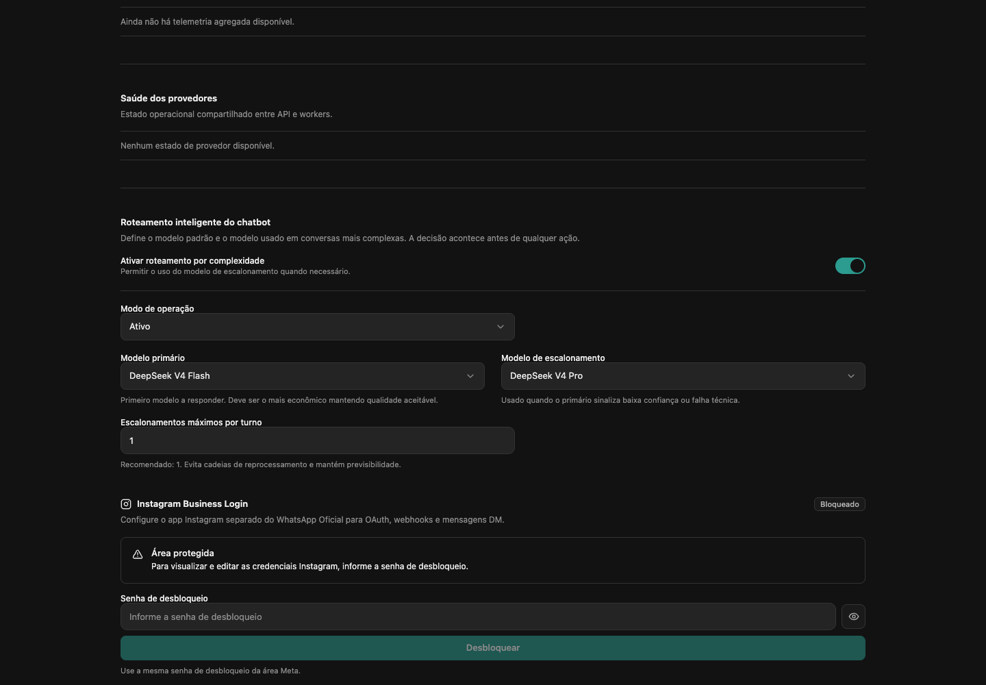 Seleção de modelos nas configurações gerais