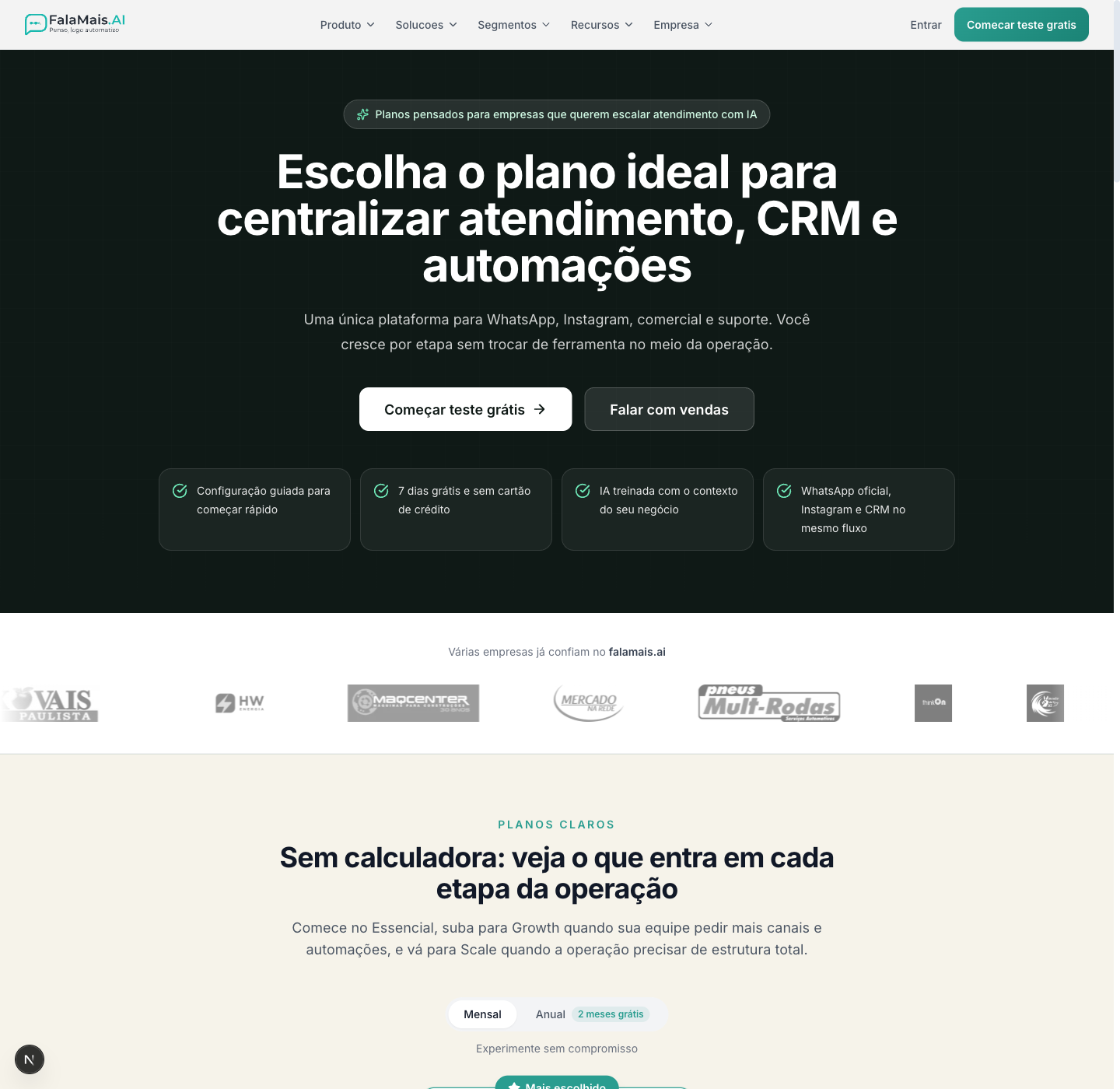 Página de planos da FalaMais.AI