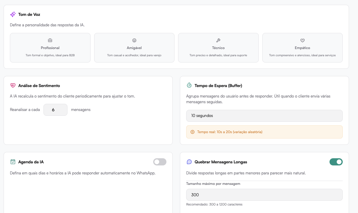 Configurações de comportamento da IA